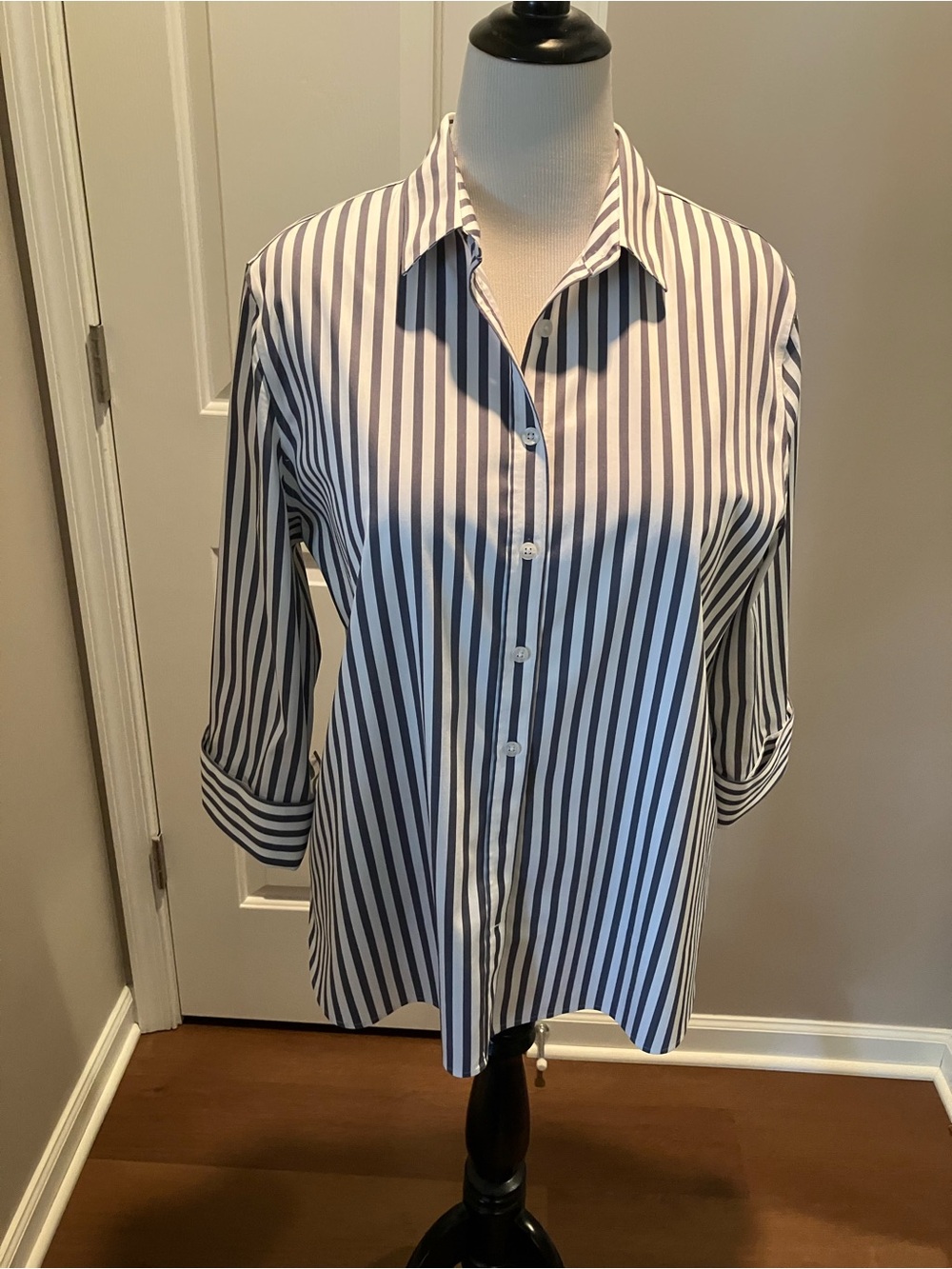 Chico's Navy and White Vertical Stripe Button-Down Shirt
